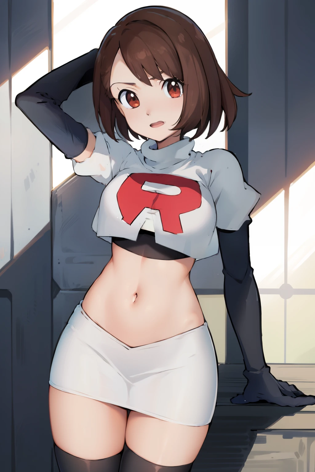 gloria \(pokemon\), cowboy shot, team rocket,team rocket uniform, red letter R, white skirt,white crop top,black thigh-highs,black elbow gloves