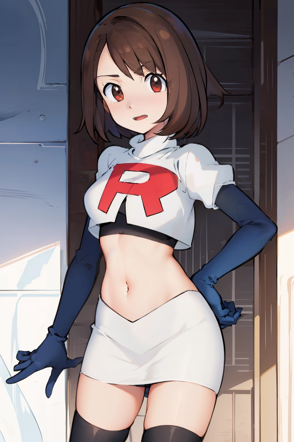 gloria \(pokemon\), cowboy shot, team rocket,team rocket uniform, red letter R, white skirt,white crop top,black thigh-highs,black elbow gloves