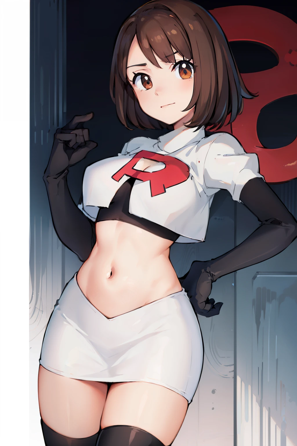 gloria \(pokemon\), cowboy shot, team rocket,team rocket uniform, red letter R, white skirt,white crop top,black thigh-highs,black elbow gloves