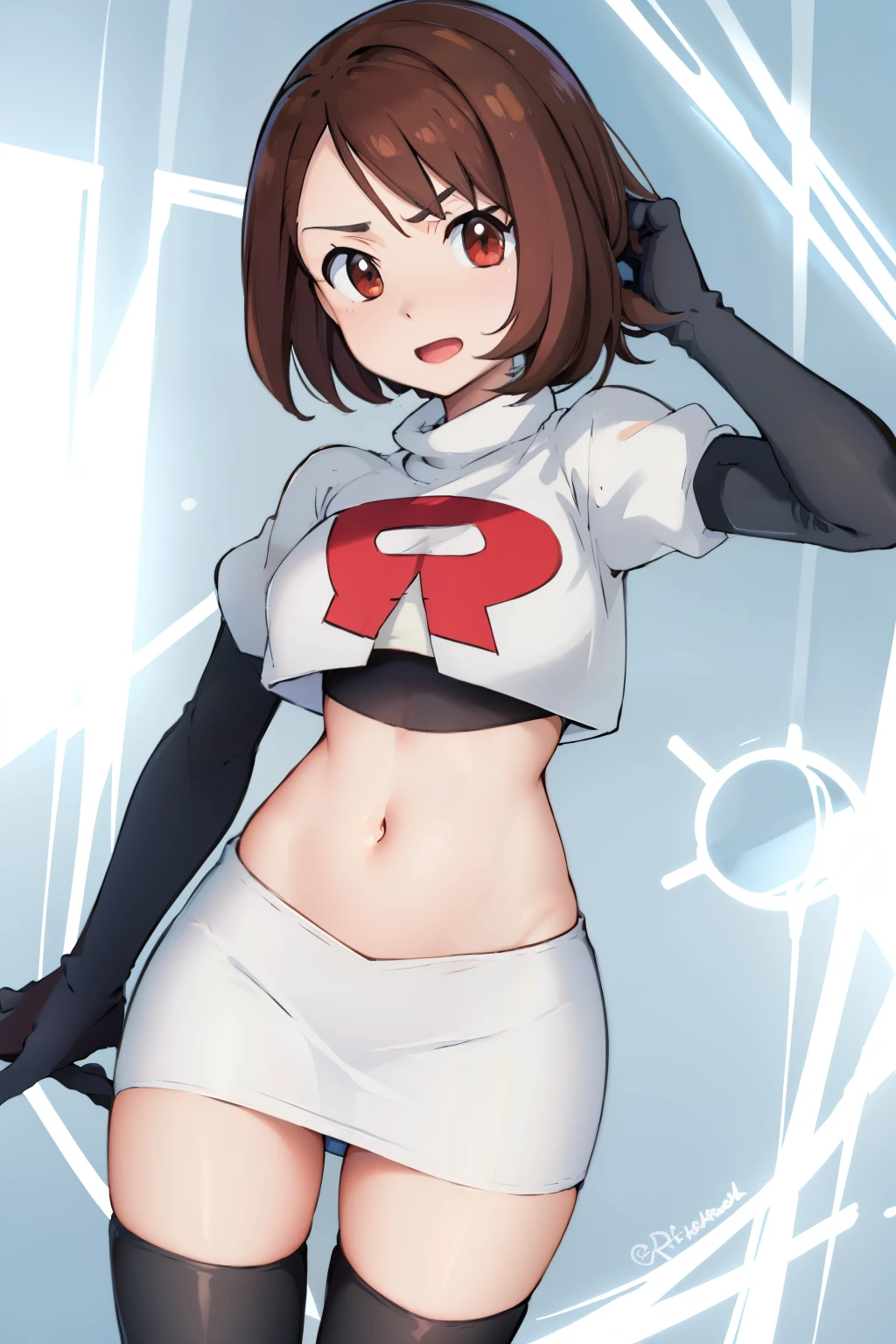 gloria \(pokemon\), cowboy shot, team rocket,team rocket uniform, red letter R, white skirt,white crop top,black thigh-highs,black elbow gloves