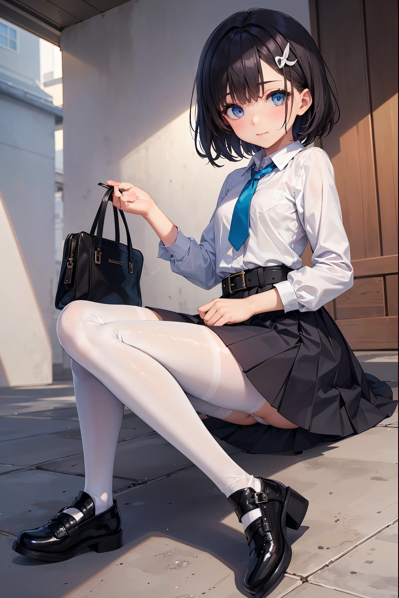 Takiinoue, Inoue Takina, Long hair, Bangs, Black hair, (Purple eyes:1.2), BREAK shirt, Long sleeves, Dress, bow ribbon, School uniform, White shirt, Collared shirt, Belt bag, Neck ribbon, Blue Dress, Green Ribbon, pleated dress, grey dress, Two-tone dresses, Blue belt, Lycoris Uniform, Best Quality, High resolution, Unity 8k壁纸, (Illustration:0.8), (Beautiful detailed eyes:1.6), extra detailed face, Perfect Lighting, extremely details CG, (Perfect hands, Perfect Anatomy),Full body from head to leg、full bodyesbian、Thin leg、、sitting down on the floor、Put on the floor、laying on back、opening legs、Inter-strands、Facing the front、Composition from below、M-shaped legs、Panchira、Inner thigh-sitting、Sitting on the floor with bent knees and legs open、Front-facing、Lower body facing forward、in 8K, top-quality, Real Image, intricate detailes, The ultra-detailliert, 超A high resolution, Depth Field,(Photorealsitic,realisitic:1.2),masterpiece, 0.25 :: a closeup , straight-on shot , from miiddle , 1girl in, AI_chan, an extremely beautiful -yeld gi Full body from head to leg, full bodyesbian, 、Face to feel、Innocent big eyes, (brown_Short_hair), (Green_Eyes:1.0),(bangss),dishevled hair,(hair clips), sexypose、Bewitching、Mass sweat、soaked body、Pure white lingerie perfect shiny skin, flawless skin, fair white skin, tiny chest, narrow waists, thin blush, 独奏, looking at the viewers, lightsmile, The Perfect Five Fingers, Small toes、perspiring、 Wear((School_uniform)、(white_Skirt)、(Blue_long_tie)、(Blue_pleats_Skirt)、(Black_pantyhose:1.2)、 knee high、Stockings、Pure white panties、Black_Wearing white panties inside stockings、Wearing white panties inside black transparent stockings、Wearing white panties inside black stockings、Wearing white panties inside black pantyhose、Wearing white panties inside black lace pantyhose、Wearing white panties inside black lens stockings、Wearing white panties in black light pantyhose、Wearing white panties in black transparent pantyhose、No s