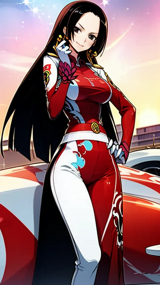 1 girl, Smile, car, racecar, circuit, 赛car服, black jumpsuit, Two-tone gloves,black hair, long hair, brown eyes, The breasts are about to get bigger, thin waist,