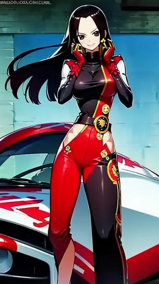 1 girl, Smile, car, racecar, circuit, 赛car服, black jumpsuit, Two-tone gloves,black hair, long hair, brown eyes, The breasts are about to get bigger, thin waist,