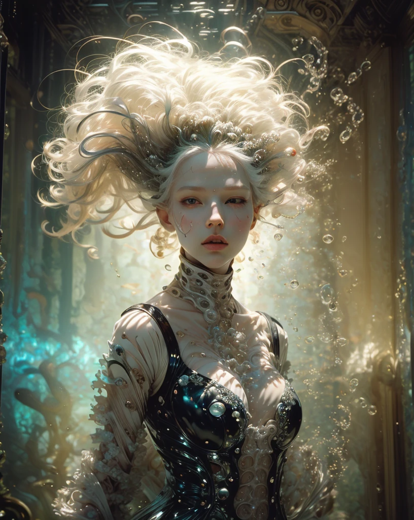photo RAW, (white, silver: Portrait of an albino girl with an octopus head with a small octopus swimming in the head, shiny aura, highly detailed, octopus features, intricate motifs, organic tracery, background is holographic water, glowing stardust by W. Zelmer, perfect composition, smooth, sharp focus, sparkling particles, lively coral reef background Realistic, realism, hd, 35mm photograph, 8k), masterpiece, award winning photography, natural light, perfect composition, high detail, hyper realistic cinematic photo RAW candid close up photo of an ethereal neural network organism with a glittering pearl octopus helmet, holographic color, waterdrops, divine (octopus:2 girl:0.3, white hair:0.5 biomorph), glass skeleton, skinless:3, biomechanical details, (empty background), natural lighting, (sharp focus, hyper detailed, highly intricate), . Extremely high-resolution details, photographic, realism pushed to extreme, fine texture, incredibly lifelike,35mm photograph, film, professional