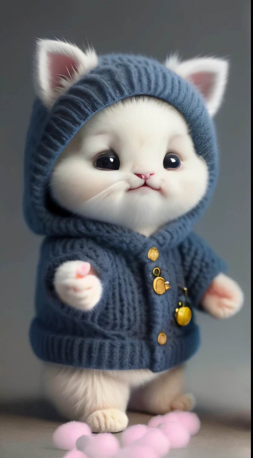 kitten in clothes， miniature kitten， Animal focus， bearded， realistic， POV Hand， ambiguous background，smile，interesting、