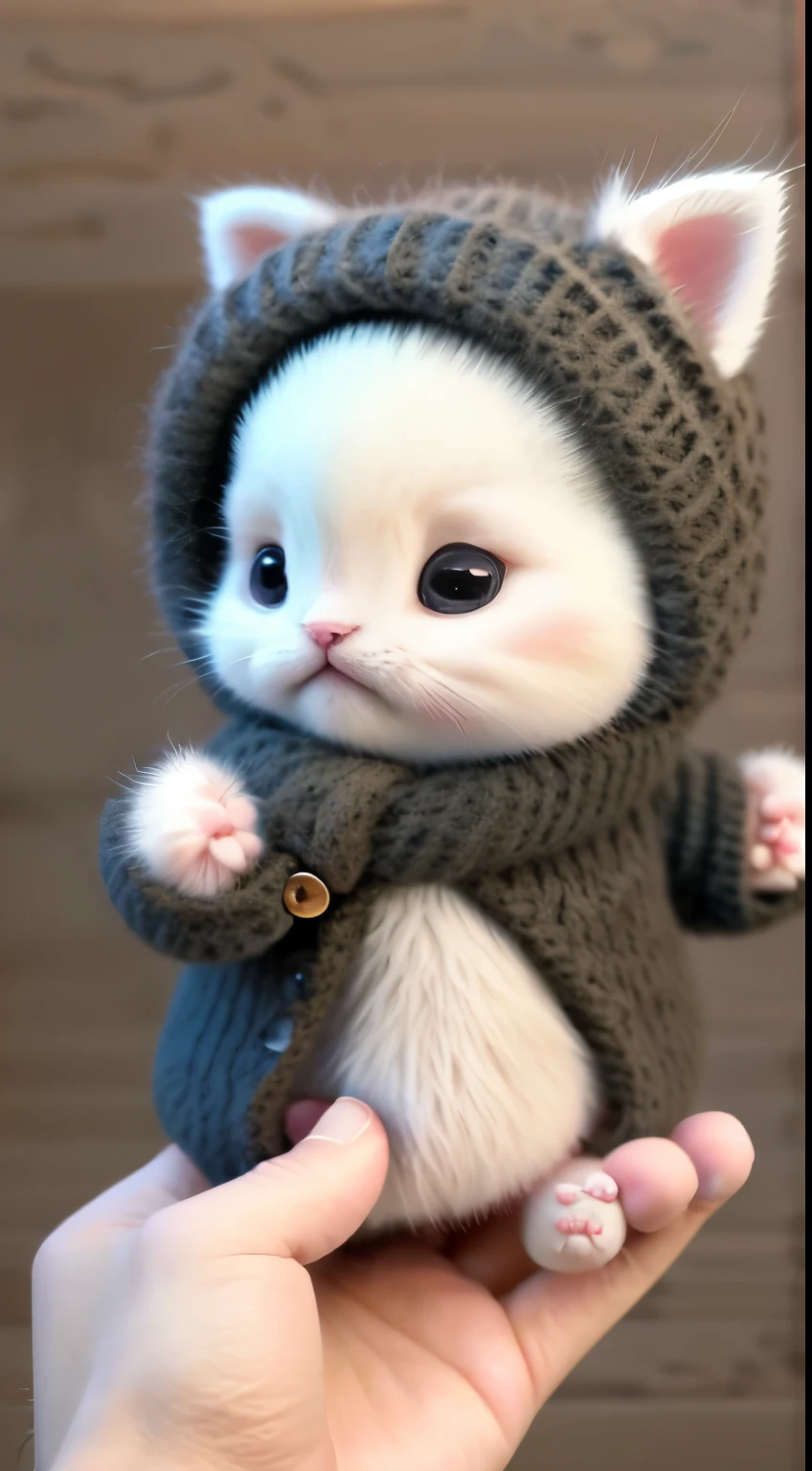 kitten in clothes, miniature kitten, Animal focus, bearded, realistic, POV Hand, ambiguous background,smile,interesting、