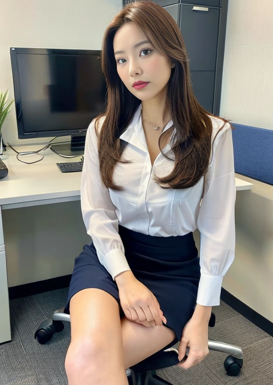OL,Navy miniskirt business suit,The chest of the white blouse is open and you can see her D cup breasts.,sitting cross-legged in an office chair