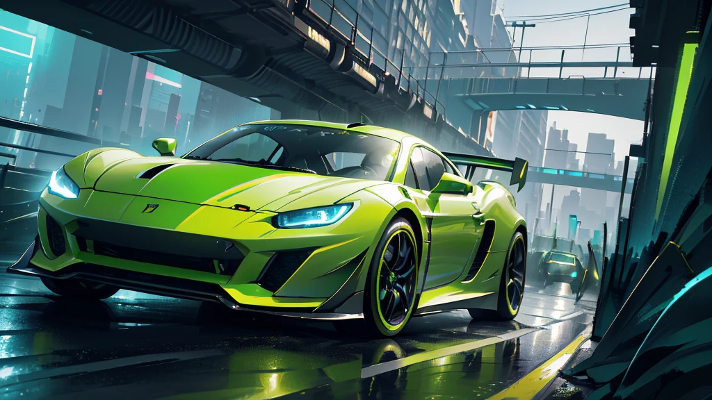 (lime green sports car, blue headlights, car racing, running at high speed), (highway, cyberpunk, blue neon), (8k, extremaly detailed, lighting like a movie, lense flares)