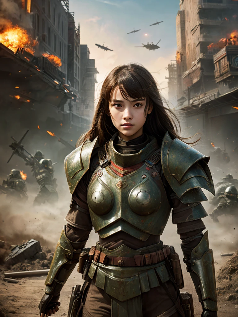(highest quality), Detailed background of the Orient, SF,Mechanical arm,girl with man , war, monster army, tech wear,, uniform、armored division、Heavy Armor、Hoplites、