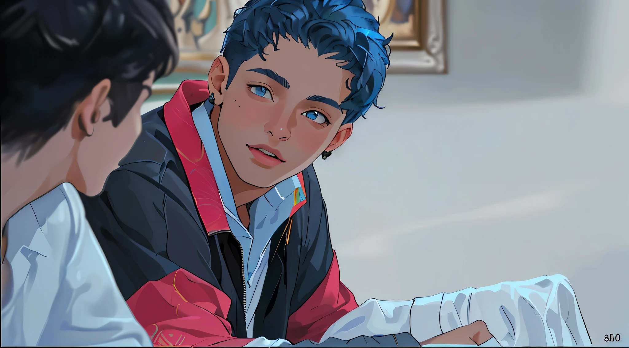(best quality,4k,8k,highres,masterpiece:1.2),ultra-detailed,realistic:1.37,a 16-year-old handsome boy talking to his friend in school,blue-colored attire,ancient Egyptian sculptures in the background,portraits,fine art painting,vibrant colors,warm lighting
