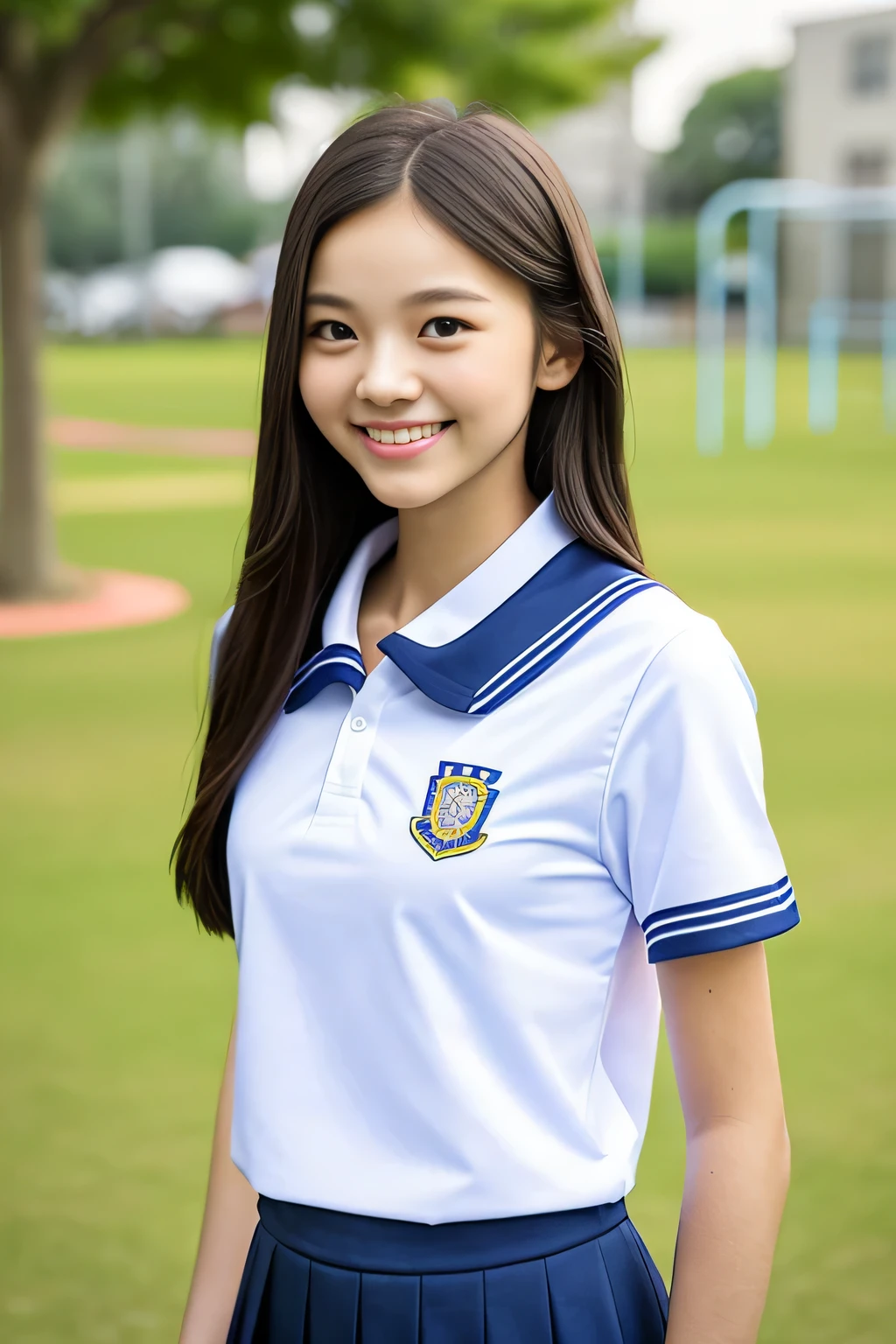 Neat female college student, people々, (school uniform, summer clothes, short sleeve), outside the playground, (slim, small, flat, small), realistic, be familiar with, skin texture, ultra be familiar with, delicate and sexy clavicle, smile, super be familiar withed face, be familiar withed lips, be familiar withed eyes, double eyelid