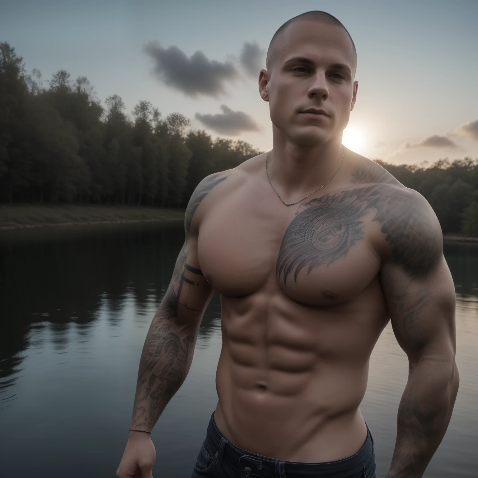 White skinhead convice pecs swelling with arrogance, exuding masculinity and confidence, Enhanced with HDR technology, this image depicts a true masterpiece, flawlessly rendered anatomy, 4K resolution, real shadows and reflections, sharp focus. crisp, primitive tattoos 