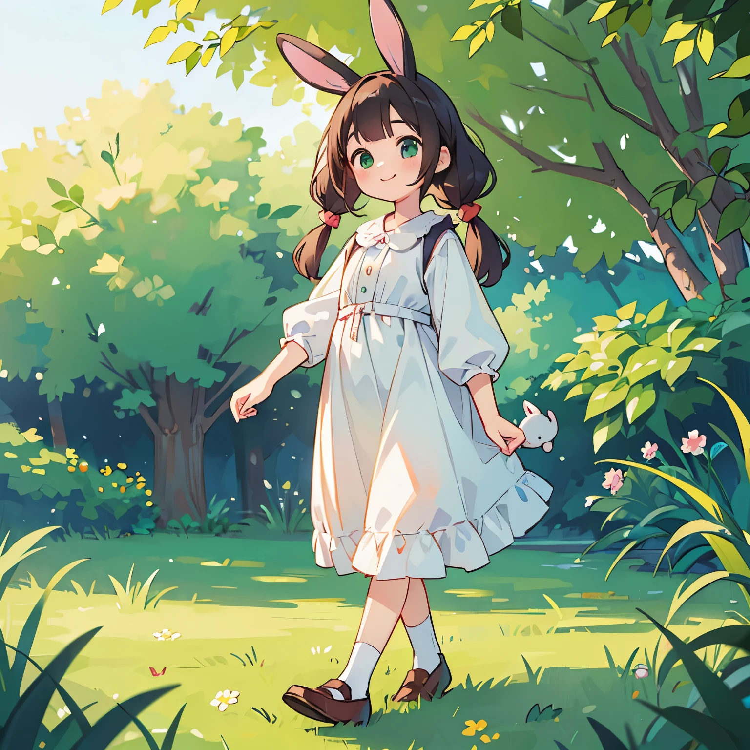(photorealistic:1.37)、octane rendering、Morning park、Walk with a rabbit doll、Girl has twin tail hairstyle and smiles、Bright colors、soft sunlight、beautiful flower、green grass、playful atmosphere、peaceful environment、detailed texture、Bright colors、cute shoes with accessories、He looks happy