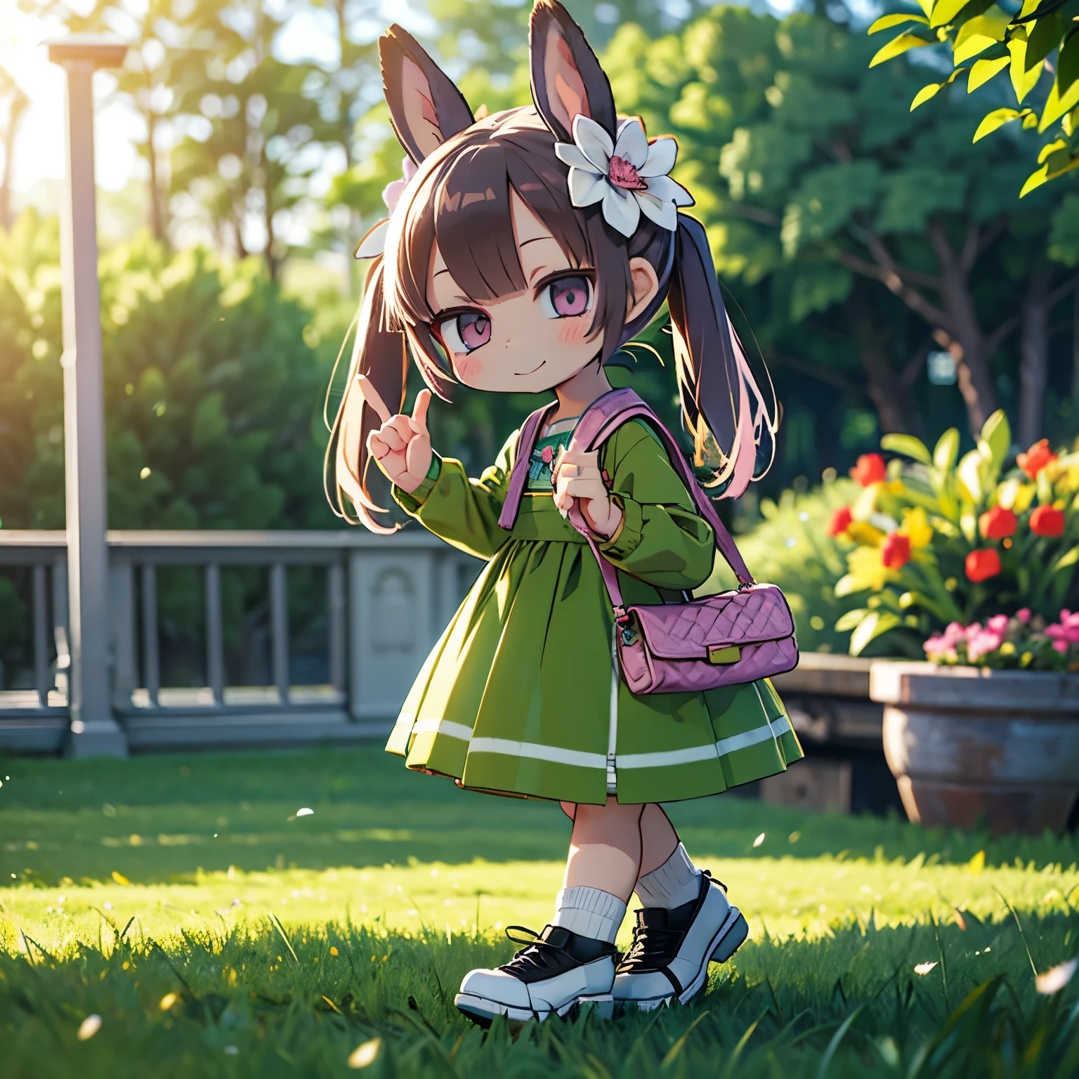 (photorealistic:1.37)、octane rendering、Morning park、Walk with a rabbit doll、Girl has twin tail hairstyle and smiles、Bright colors、soft sunlight、beautiful flower、green grass、playful atmosphere、peaceful environment、detailed texture、Bright colors、cute shoes with accessories、He looks happy