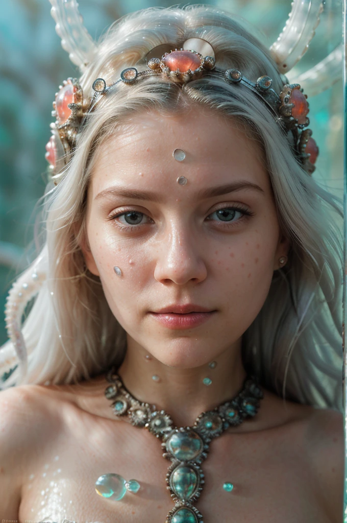 photo RAW, (white, silver: Portrait of an albino girl with an octopus head with a small octopus swimming in the head, shiny aura, highly detailed, octopus features, intricate motifs, organic tracery, background is holographic water, glowing stardust by W. Zelmer, perfect composition, smooth, sharp focus, sparkling particles, lively coral reef background Realistic, realism, hd, 35mm photograph, 8k), masterpiece, award winning photography, natural light, perfect composition, high detail, hyper realistic cinematic photo RAW candid close up photo of an ethereal neural network organism with a glittering pearl octopus helmet, holographic color, waterdrops, divine (octopus:2 girl:0.3, white hair:0.5 biomorph), glass skeleton, skinless:3, biomechanical details, (empty background), natural lighting, (sharp focus, hyper detailed, highly intricate), . Extremely high-resolution details, photographic, realism pushed to extreme, fine texture, incredibly lifelike,35mm photograph, film, professional