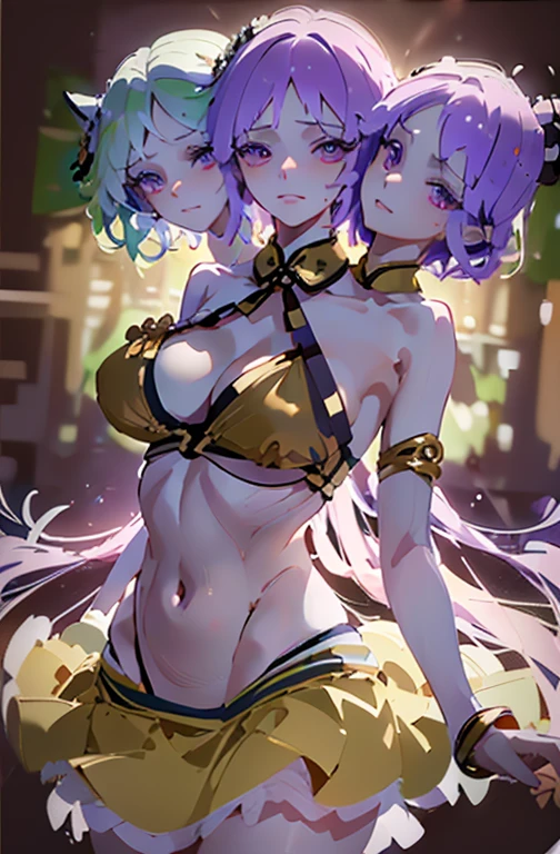 (masterpiece, best quality), best quality, (ultra-detailed), (3heads:1.5), 1girl, (tsukumo benben:1.3), masterpiece, best quality, brown and black top, crop top, ((stomach)), midriff, ((groin)), brown skirt, normal ears, shackles, lilac hair, very long hair, wavy hair, sidelocks, purple eyes, parted lips, single horn, sweat, cute, toned belly, hand on own chest, eyelashes, (24 year old woman:1.3), (masterpiece:1.5), (best quality:1.5), (beautiful detailed extremely detailed CG, extremely delicate and beautiful, depth of field, (finely detailed face), (perfect details:1.2), (mature female:1.3), wide pelvis, slender, large veiny breast, 8k resolution, high quality, high definition, extremely detailed, masterpiece, best quality, best resolution, lilac hair, long hair, alluring presence, braid, short skirt, close up, big tits, young,