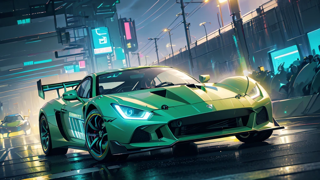 (lime green sports car, blue headlights, car racing, running on the highway), (cyberpunk, blue neon), (8k, extremaly detailed, lighting like a movie, lense flares)