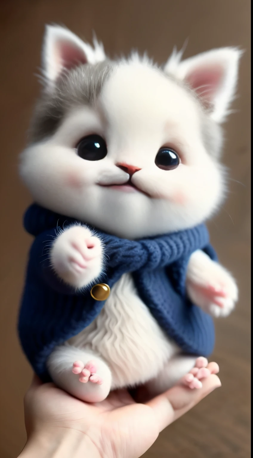 kitten in clothes， miniature kitten， Animal focus， bearded， realistic， POV Hand， ambiguous background，smile，interesting、