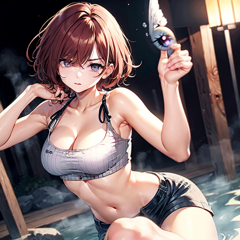 ultradetail(eye:1.7),highest quality、4K quality、hot spring、beautiful cleavage、disheveled clothing、slender、Humiliated face、provocative pose、Show your shorts