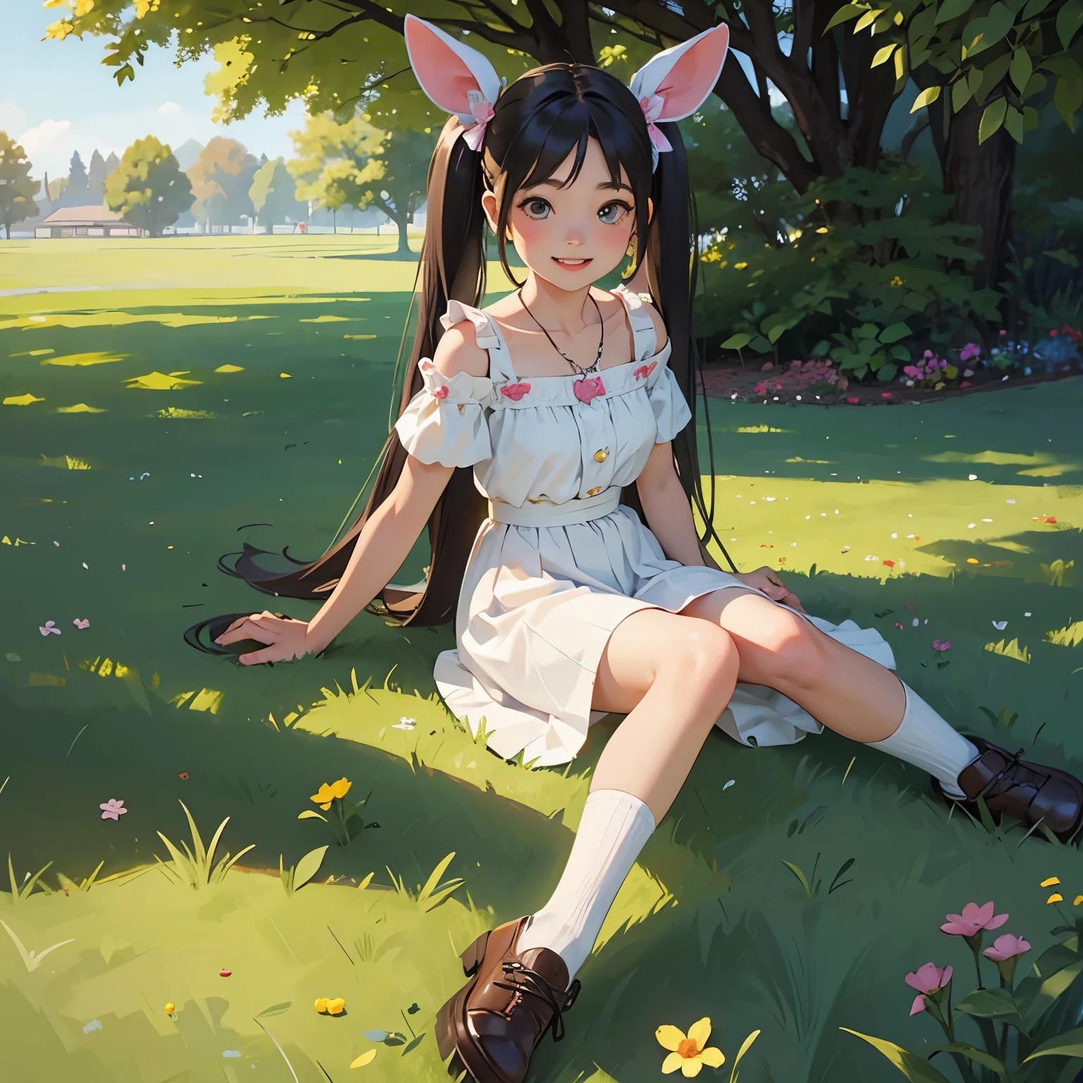 (photorealistic:1.37)、octane rendering、Morning park、Walk with a rabbit doll、Girl has twin tail hairstyle and smiles、Bright colors、soft sunlight、beautiful flower、green grass、playful atmosphere、peaceful environment、detailed texture、Bright colors、cute shoes with accessories、He looks happy