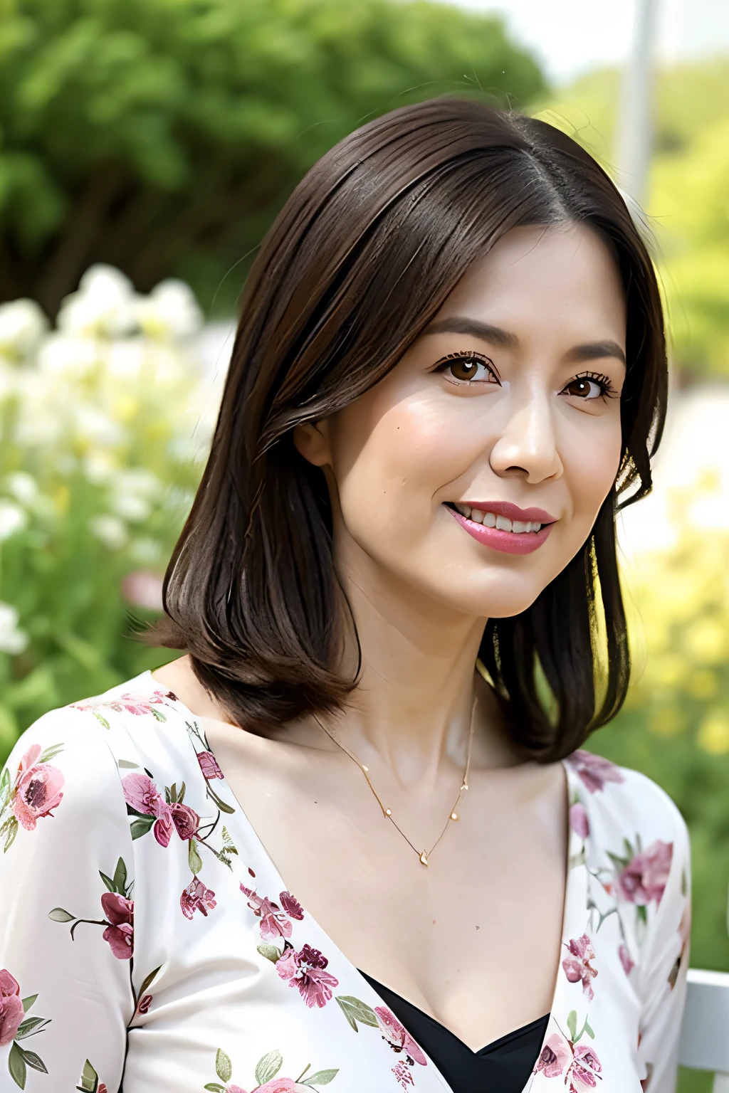 8k wallpaper, masterpiece, Highest quality, Super detailed, One Mature Woman, 50 years old, Become very clear, Wearing a short-sleeved blouse, Skin dents, Captivating smile, Looking at the audience, Cleavage, plump, Curvaceous, Fascinating face, Smiling with teeth showing, Wrinkles around the eyes, Sitting on a park bench, Background Blur