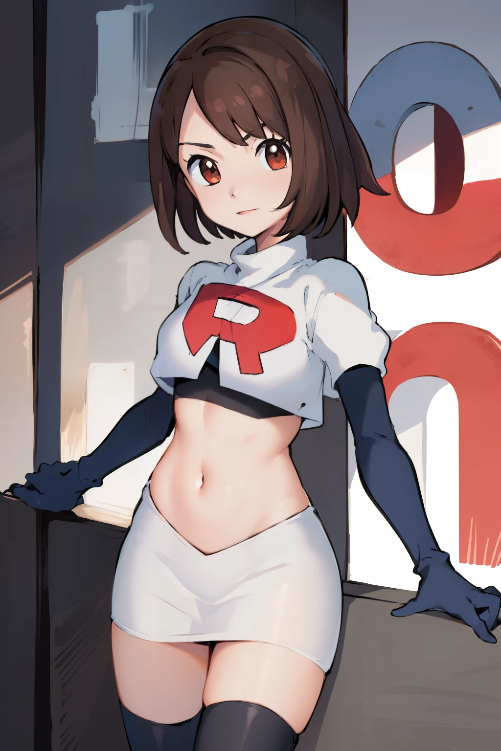 gloria \(pokemon\), cowboy shot, team rocket,team rocket uniform, red letter R, white skirt,white crop top,black thigh-highs,black elbow gloves