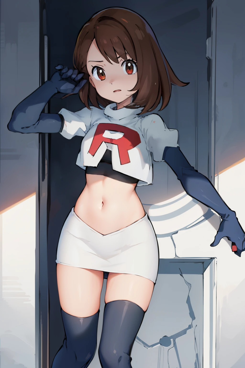 gloria \(pokemon\), cowboy shot, team rocket,team rocket uniform, red letter R, white skirt,white crop top,black thigh-highs,black elbow gloves