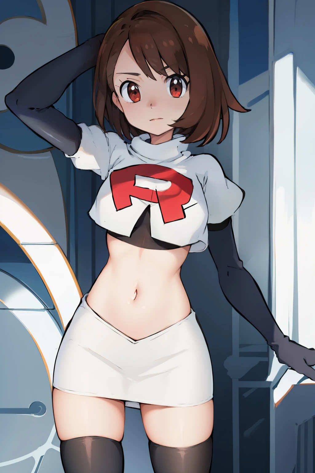 gloria \(pokemon\), cowboy shot, team rocket,team rocket uniform, red letter R, white skirt,white crop top,black thigh-highs,black elbow gloves