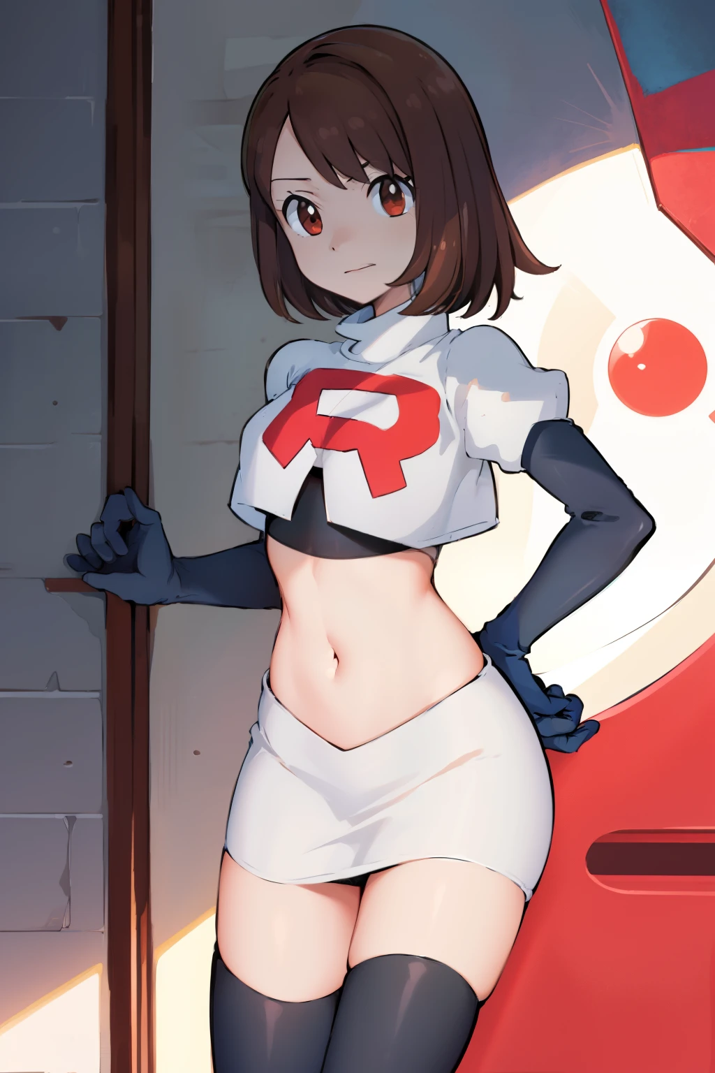 gloria \(pokemon\), cowboy shot, team rocket,team rocket uniform, red letter R, white skirt,white crop top,black thigh-highs,black elbow gloves