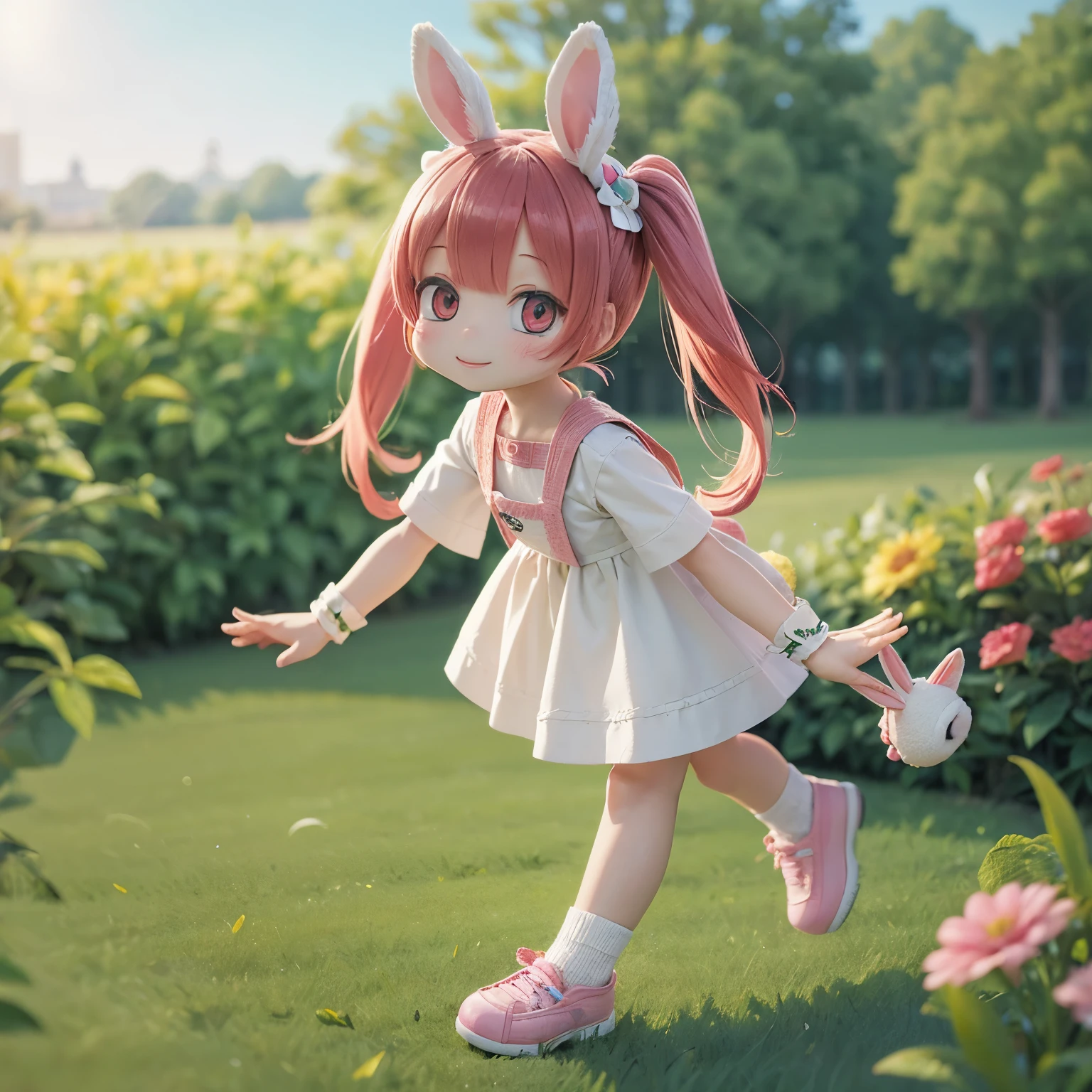 (photorealistic:1.37)、octane rendering、Morning park、Walk with a rabbit doll、Girl has twin tail hairstyle and smiles、Bright colors、soft sunlight、beautiful flower、green grass、playful atmosphere、peaceful environment、detailed texture、Bright colors、cute shoes with accessories、He looks happy