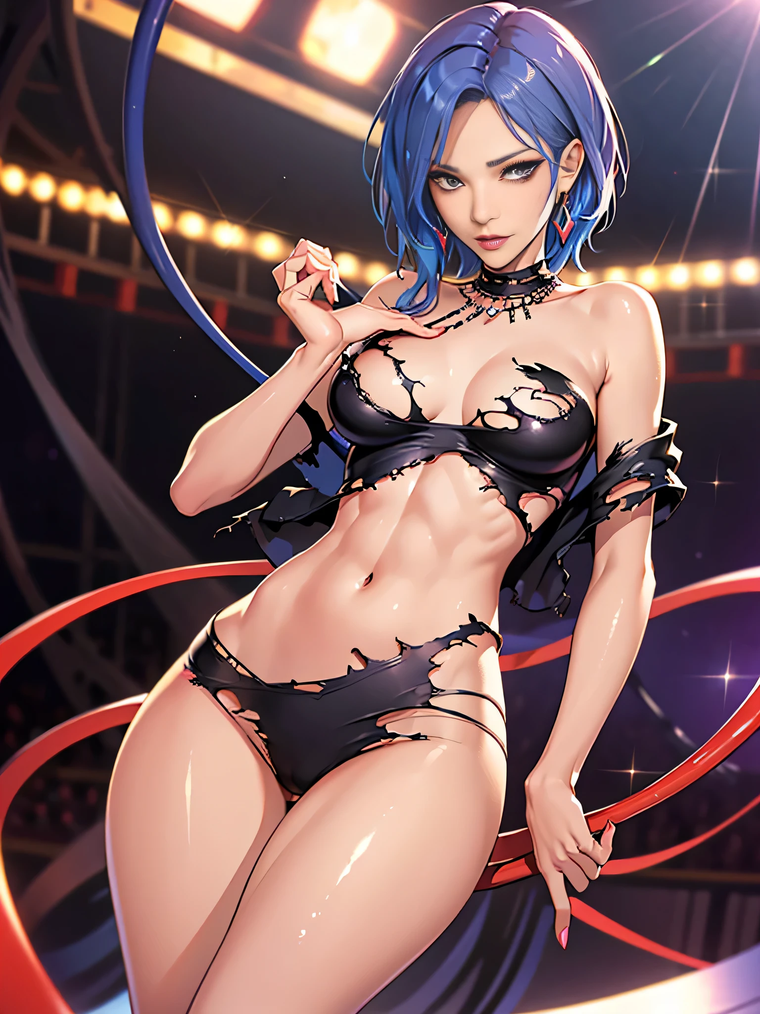 1girl,a beautiful fashion model ,(masterpiece, official art, best quality) (perfect eyes) , short and shiny dark blue hair, black streaks in hair, full lips, cute nose, medium , , elegant makeup, exhibitionism, naked in public, , slim thighs, toned body, shiny skin, sexy pose,,(( (slender, skinny, slim))), gold hoop earrings, eyeshadow, cute face, ((( living clothes, torn clothes))) embarrassed, coy, surprised, blush, glittery skin, girl dancing on stage, skinny thighs, narrow hips, skirt lift, red and silver OUTFIT, slutty top, abs, toned stomach, chloeprice, tentacles