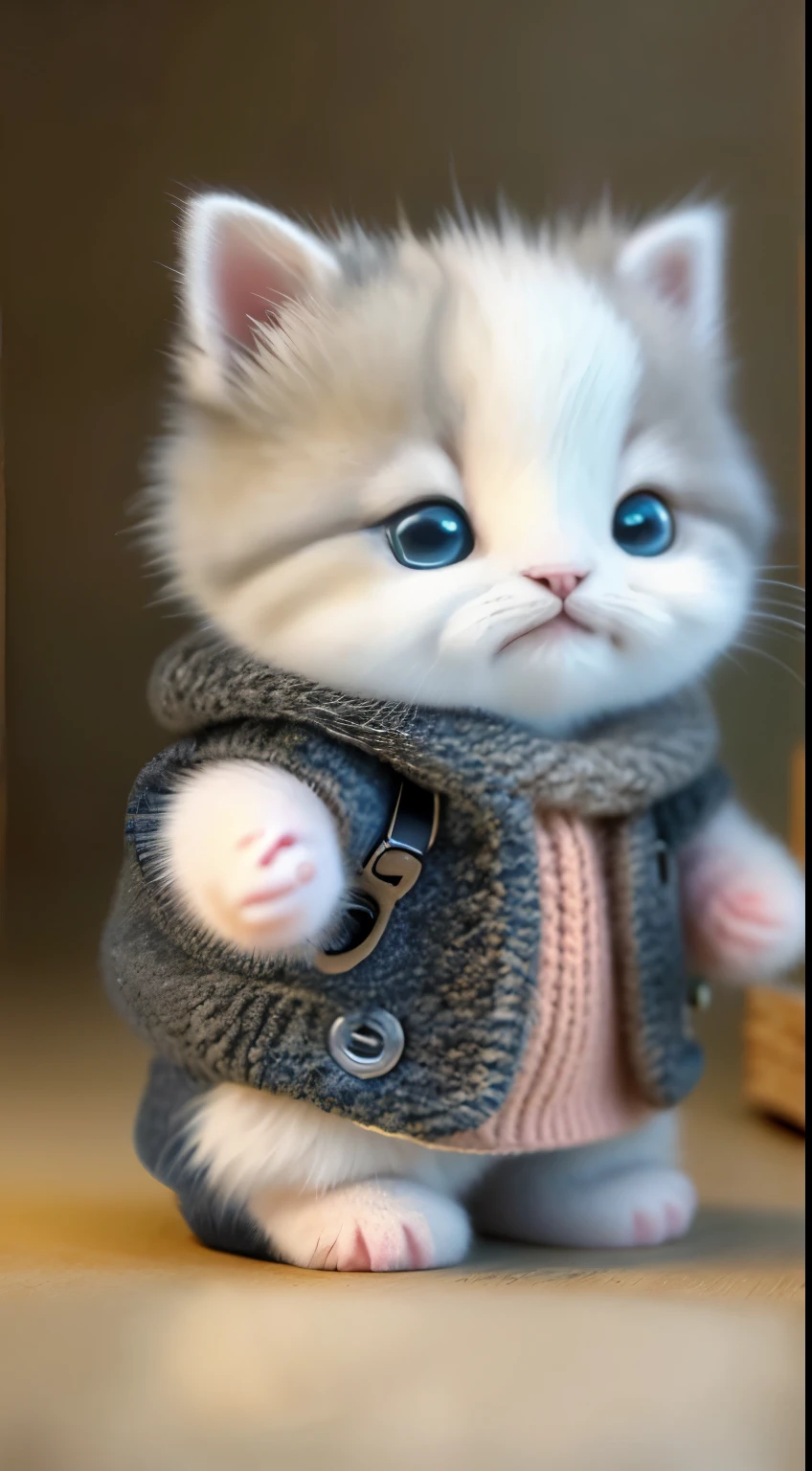 kitten in clothes, miniature kitten, Animal focus, bearded, realistic, POV Hand, ambiguous background,smile,interesting、
