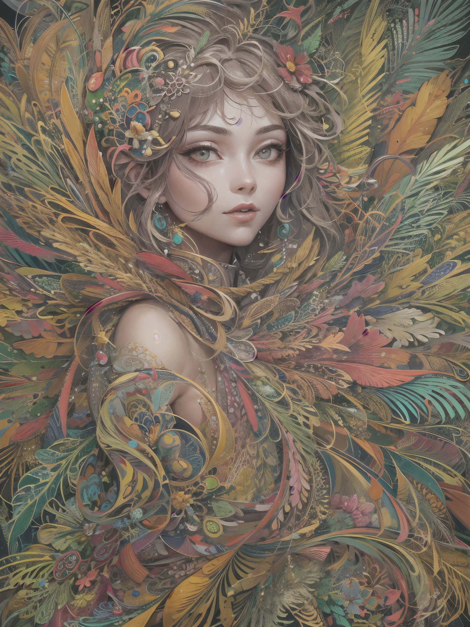 fractal art, zentangle,1 girl, feathers, flowers, dynamic pose, colorful, abstract background, masterpiece, official art, highest detailed