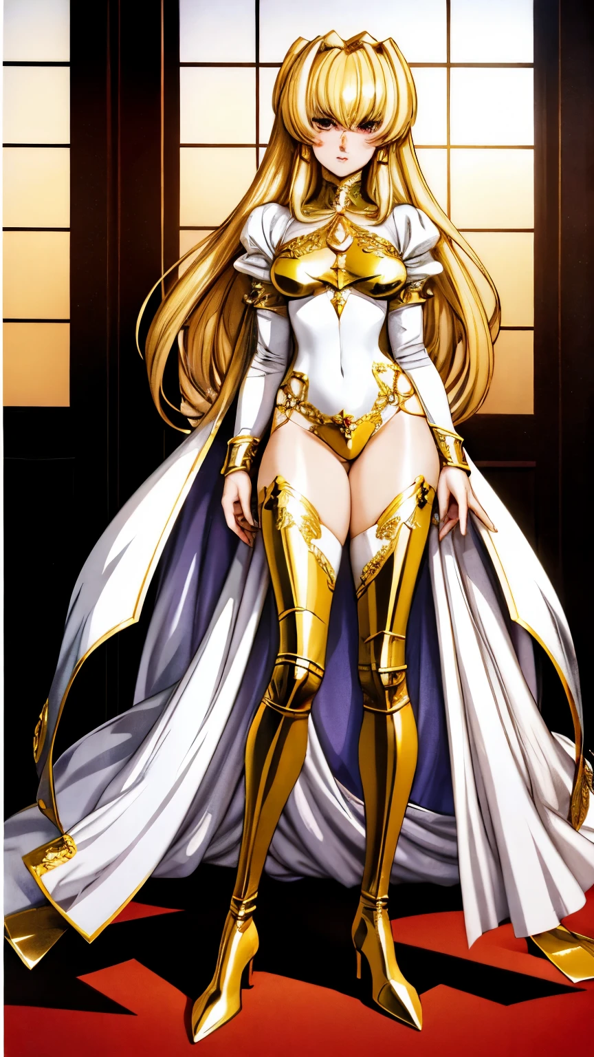 The most beautiful woman, with long pantone hair:peach fuzzy, in a white airy dress in Gothic fantasy style, high golden boots over the knee boots, The dress has cutouts up to the top of the hips, athletic build, Gold bracelets, on the chest there is a magical glowing mint-colored stone, Lighthouse, Glitter, highlighter, shimmer, against the backdrop of an ivory and jade veranda, Golden ratio, masterpiece, anime, ultra-detailed