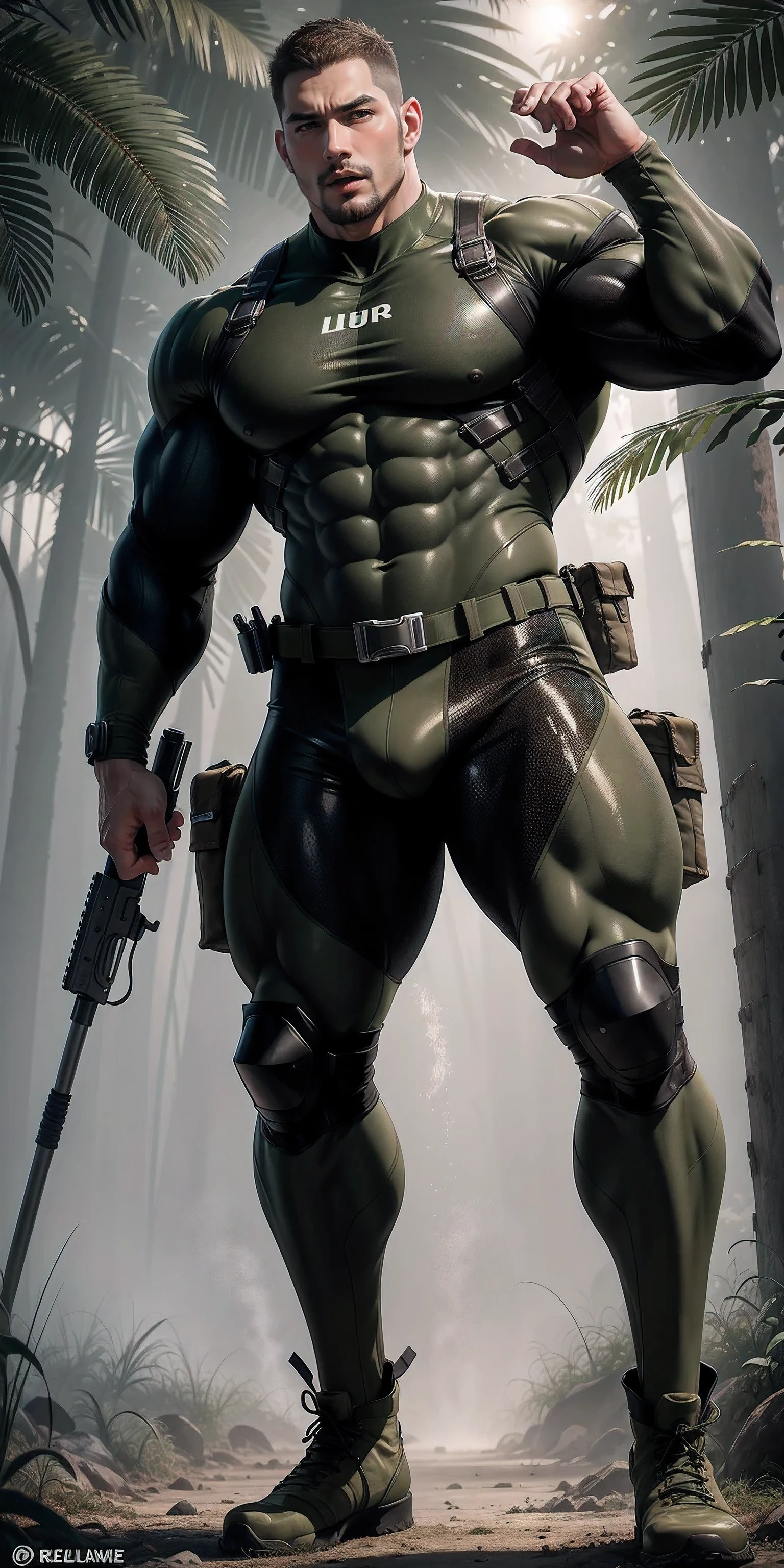 High, huge, muscular man with his mouth open and screaming.，Khaki camouflage uniform，character idea（Resident Evil - chris redfield，chris redfield）buzz clip，Wearing a khaki camouflage wetsuit，Matte texture，regular symmetrical texture pattern，Standing in the dark sugar cane jungle, The body is wrapped in thick rattan，sad expression，Deep and charming eyes，Emerald Pupil Hero，heroic male pose，高大burly，muscular！Charming leg muscles，High, burly, Heqiang， Wearing a khaki camouflage wetsuit， Super gain and cool， high resolution committee， Big feet in black boots，Charming strong man，The bright sunshine is shining on you，matte particles，shiny texture