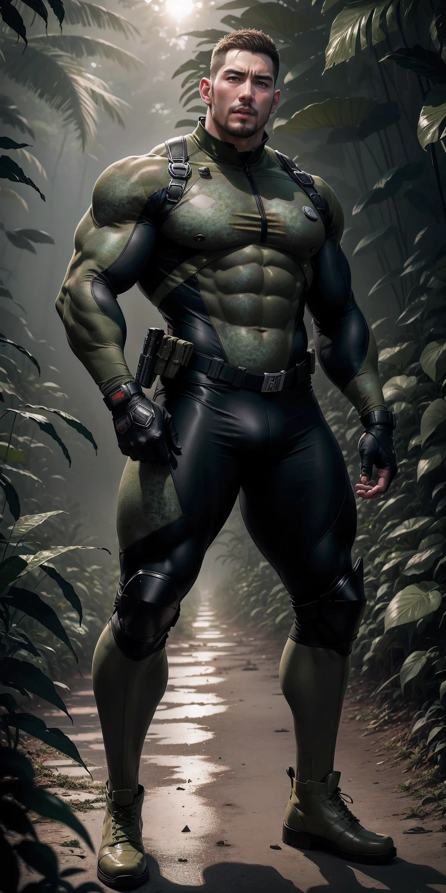 High, huge, muscular man with his mouth open and screaming.，Khaki camouflage uniform，character idea（Resident Evil - chris redfield，chris redfield）buzz clip，Wearing a khaki camouflage wetsuit，Matte texture，regular symmetrical texture pattern，Standing in the dark sugar cane jungle, The body is wrapped in thick rattan，sad expression，Deep and charming eyes，Emerald Pupil Hero，heroic male pose，高大burly，muscular！Charming leg muscles，High, burly, Heqiang， Wearing a khaki camouflage wetsuit， Super gain and cool， high resolution committee， Big feet in black boots，Charming strong man，The bright sunshine is shining on you，matte particles，shiny texture