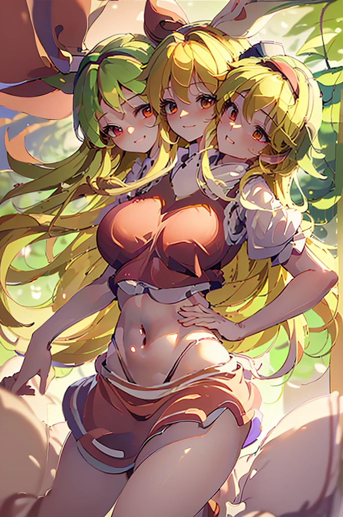 (masterpiece, best quality), best quality, (ultra-detailed), (3heads:1.5), 1girl, (ellen (touhou):1.3), masterpiece, best quality, red top, crop top, ((stomach)), midriff, ((groin)), red skirt, normal ears, shackles, blonde hair, very long hair, wavy hair, sidelocks, green eyes, parted lips, single horn, sweat, cute, toned belly, hand on own chest, eyelashes, (24 year old woman:1.3), (masterpiece:1.4), (best quality:1.4), (beautiful detailed, extremely detailed CG, extremely delicate and beautiful, depth of field, (finely detailed face), (perfect details:1.0), (mature female:1.3), wide pelvis, slender, large veiny breast, 8k resolution, high quality, high definition, extremely detailed, masterpiece, best quality, blonde hair, long hair, alluring presence, braid, short skirt, close up, big tits, young, hairband, red hairband, waist apron,