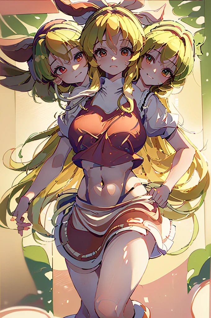 (masterpiece, best quality), best quality, (ultra-detailed), (3heads:1.5), 1girl, (ellen (touhou):1.3), masterpiece, best quality, red top, crop top, ((stomach)), midriff, ((groin)), red skirt, normal ears, shackles, blonde hair, very long hair, wavy hair, sidelocks, green eyes, parted lips, single horn, sweat, cute, toned belly, hand on own chest, eyelashes, (24 year old woman:1.3), (masterpiece:1.4), (best quality:1.4), (beautiful detailed, extremely detailed CG, extremely delicate and beautiful, depth of field, (finely detailed face), (perfect details:1.0), (mature female:1.3), wide pelvis, slender, large veiny breast, 8k resolution, high quality, high definition, extremely detailed, masterpiece, best quality, blonde hair, long hair, alluring presence, braid, short skirt, close up, big tits, young, hairband, red hairband, waist apron,