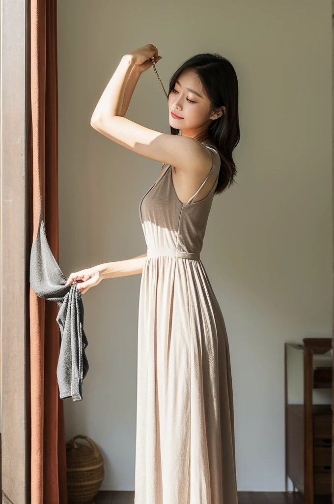 A woman lifting the hem of a thin long dress