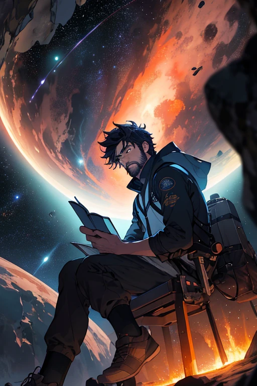 Desenhe um jovem programador, sitting on a research platform floating in the middle of an asteroid belt. He is studying with a notebook, surrounded by several asteroids glowing with auras of fire. Dramatic lighting from distant stars and planets illuminates the scene, casting deep shadows on the costume. O jovem parece confiante e determinado, Looking at the vast and mysterious universe with awe and respect,facial hair, tiro de vaqueiro,