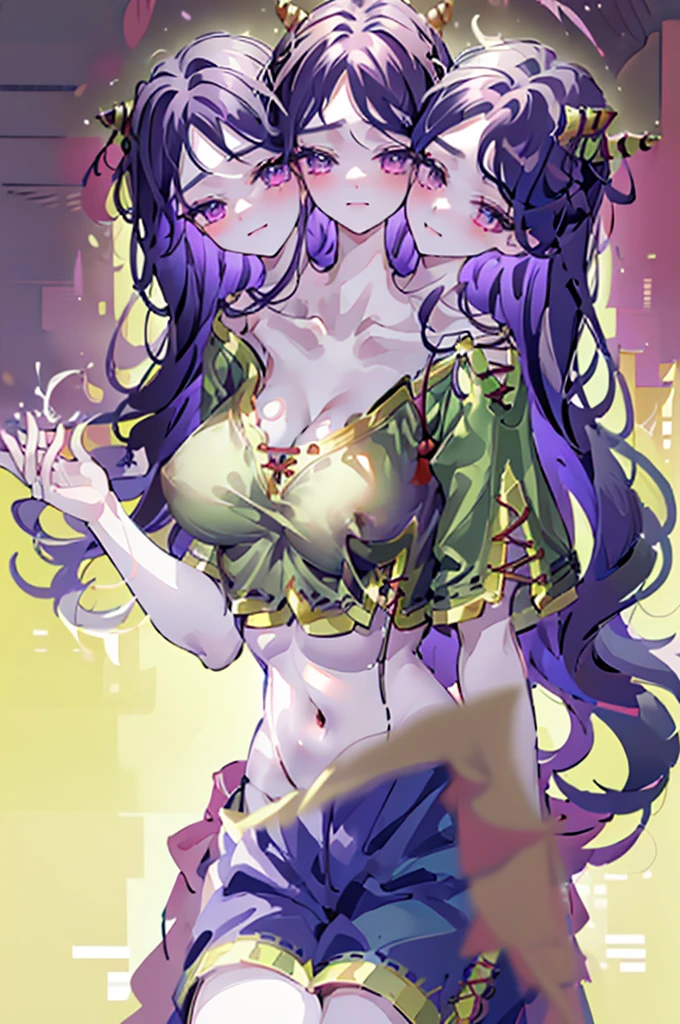 (masterpiece, best quality), best resolution, (ultra-detailed), (3heads:1.5), 1girl, (Nippaku Zanmu:1.3), masterpiece, best quality, green top, crop top, ((stomach)), midriff, ((groin)), blue skirt, normal ears, shackles, purple-black hair, very long hair, wavy hair, sidelocks, crimson eyes, parted lips, single horn, sweat, cute, toned belly, hand on own chest, eyelashes, (23 year old woman:1.3), (masterpiece:1.4), (best quality:1.4), (beautiful detailed, extremely detailed CG, extremely delicate and beautiful, depth of field, (finely detailed face), (perfect details:1.0), (mature female:1.3), wide pelvis, slender, large veiny breast, 8k resolution, high quality, high definition, extremely detailed, masterpiece, best quality, purple-black hair, long hair, alluring presence, braid, short skirt, close up, big tits, young,