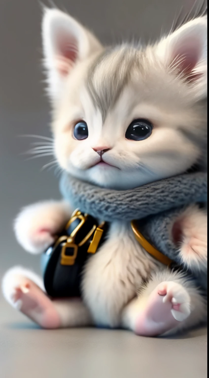 kitten in clothes, miniature kitten, Animal focus, bearded, realistic, POV Hand, ambiguous background,smile,interesting、