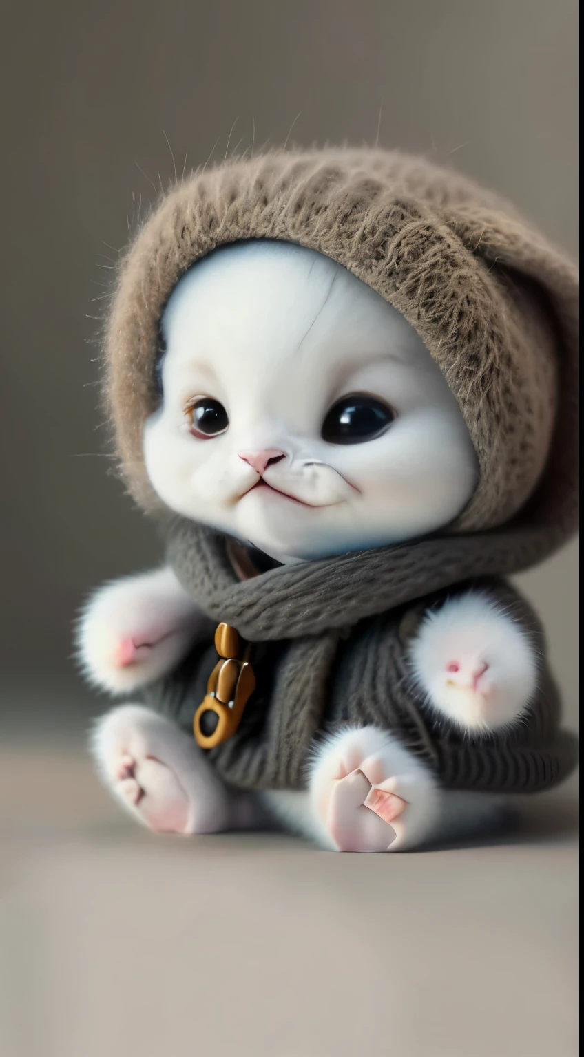 kitten in clothes, miniature kitten, Animal focus, bearded, realistic, POV Hand, ambiguous background,smile,interesting、