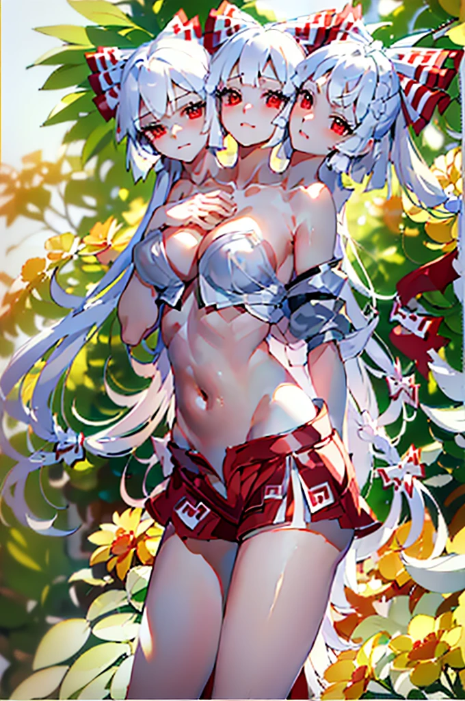 (masterpiece, best quality), best quality, (ultra-detailed), (3heads:1.5), 1girl, (fujiwara no mokou:1.3), masterpiece, best quality, white top, crop top, ((stomach)), midriff, ((groin)), red skirt, normal ears, shackles, white hair, very long hair, wavy hair, sidelocks, red eyes, parted lips, single horn, sweat, cute, toned belly, hand on own chest, eyelashes, (20 year old woman:1.3), (masterpiece:1.5), (best quality:1.5), (beautiful detailed), extremely detailed CG, extremely delicate and beautiful, depth of field, (finely detailed face), (perfect details:1.2), (mature female:1.3), wide pelvis, slender, large veiny breast, 8k resolution, high quality, high definition, extremely detailed, masterpiece, white hair, long hair, alluring presence, braid, short skirt, close up, big tits, young,