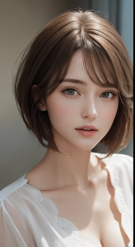 (masterpiece、highest quality、photorealistic、High resolution、photograph、:1.3)、close up shot、sharp focus、one brunette girl、30 years old mature woman、small face、no makeup、、hot models、Highly detailed eyes and pupils、realな肌、slim body shape、Bust B Cup、、cleavage、wet hair、short cut hair、dark brown hair、delicate face、Sensual gaze、glossy lips、((Wearing a Henry shirt))、The background is、gray wall、((real、超real、realism、realなディテール))