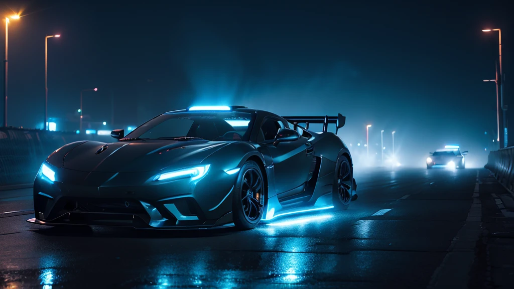 (black sports car, blue headlights, car racing), (cyberpunk, blue neon, blue smoke), (8k, extremaly detailed, lighting like a movie, lense flares)