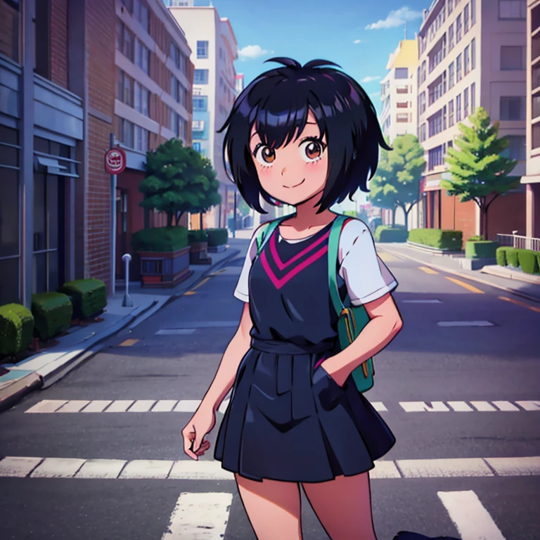 Peni Parker walking down the street, girl, smile, cute. 