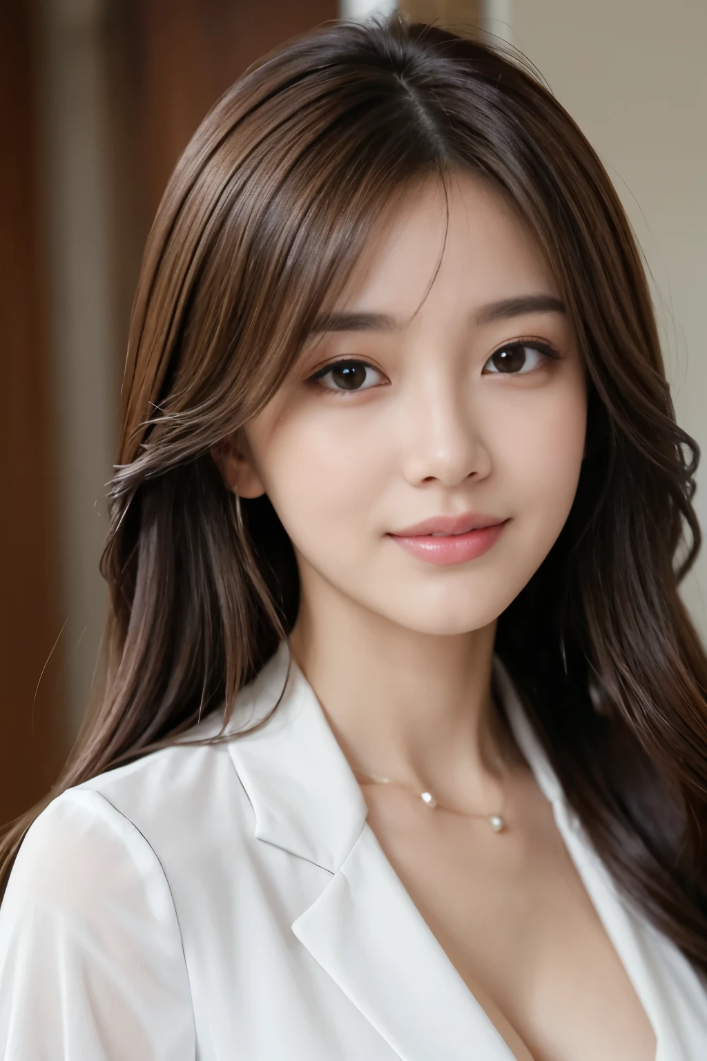 table top、highest quality、real、Super detailed、finely、High resolution、8k wallpaper、one beautiful woman、、light brown messy hair、wearing a business suit、sharp focus、perfect dynamic composition、beautiful detailed eyes、thin hair、詳細なrealな肌の質感、smile、close up portrait、model body shape