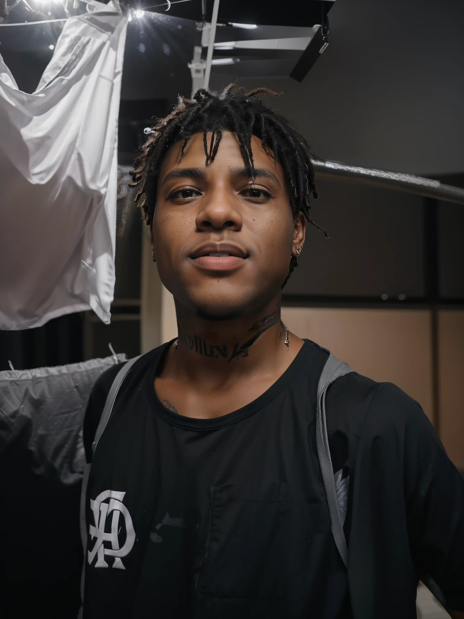 There's a man with dreadlocks standing at a studio, imagem frontal, em torno de 1 9 anos, imagem de qualidade muito baixa, Fotografia Selfie 8k, Selfie de um homem, xxxtentacion, man is with black skin, foto Selfie, Selfie!!!!! de um homem, adolescente negro, taken with the best dlsr camera, fotografia de baixa qualidade