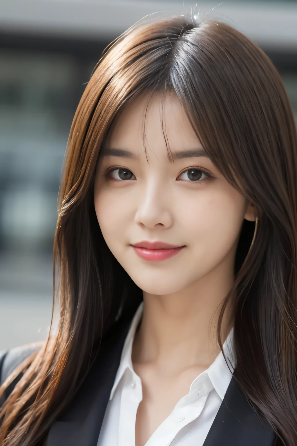 table top、highest quality、real、Super detailed、finely、High resolution、8k wallpaper、one beautiful woman、、light brown messy hair、wearing a business suit、sharp focus、perfect dynamic composition、beautiful detailed eyes、thin hair、詳細なrealな肌の質感、smile、close up portrait、model body shape